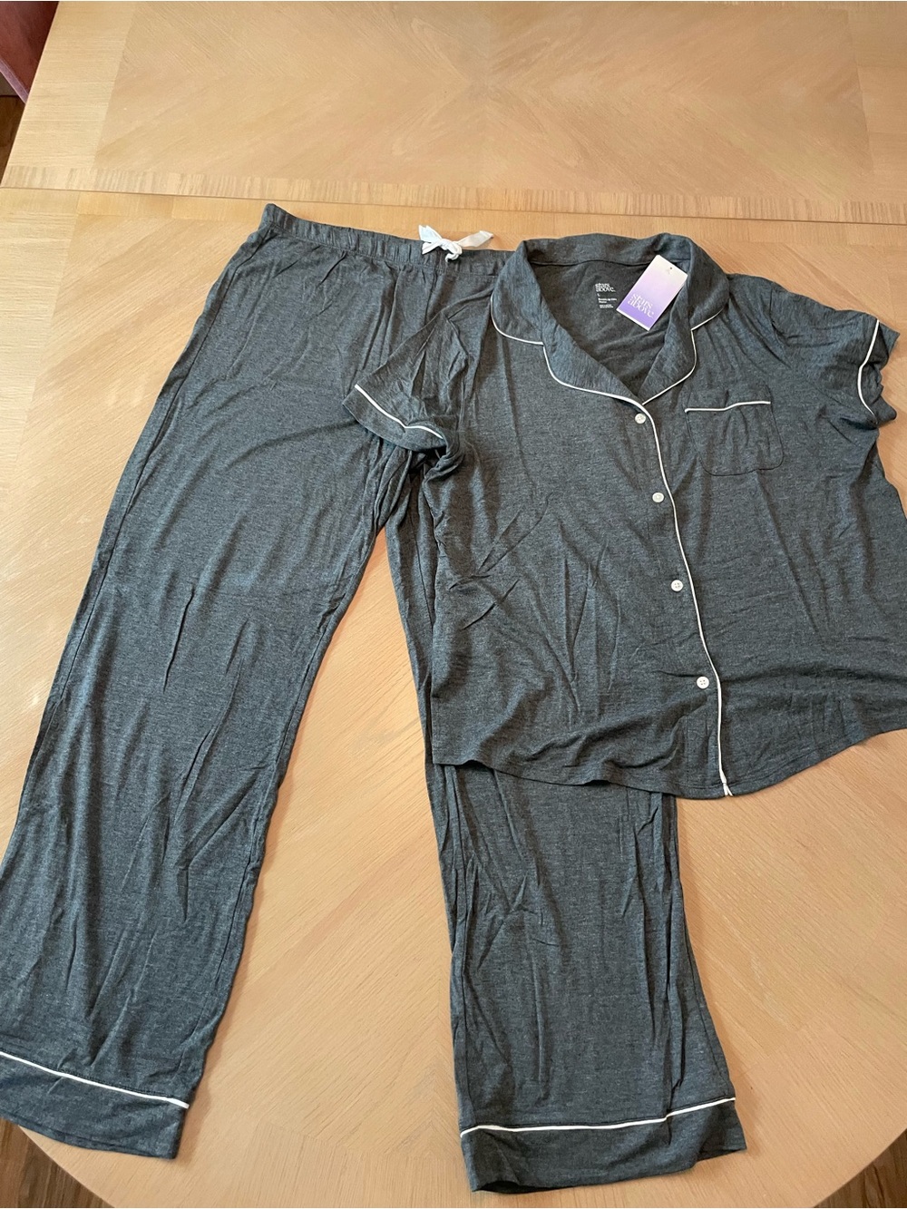 Brand New Women's Charcoal Gray Pajama Set with White Piping - Stars Above L